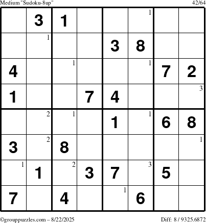 The grouppuzzles.com Medium Sudoku-8up puzzle for Friday August 22, 2025 with the first 3 steps marked