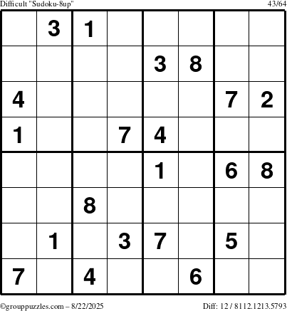 The grouppuzzles.com Difficult Sudoku-8up puzzle for Friday August 22, 2025
