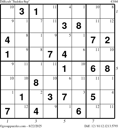 The grouppuzzles.com Difficult Sudoku-8up puzzle for Friday August 22, 2025 with all 12 steps marked