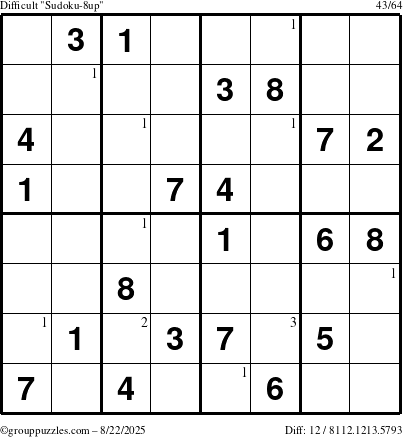 The grouppuzzles.com Difficult Sudoku-8up puzzle for Friday August 22, 2025 with the first 3 steps marked