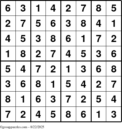 The grouppuzzles.com Answer grid for the Sudoku-8up puzzle for Friday August 22, 2025