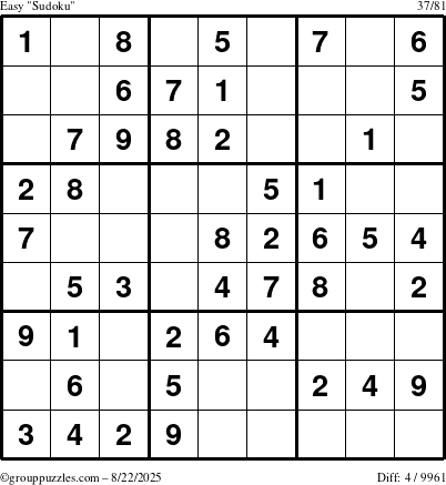 The grouppuzzles.com Easy Sudoku puzzle for Friday August 22, 2025