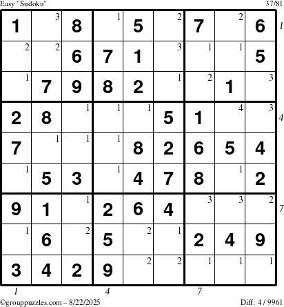 The grouppuzzles.com Easy Sudoku puzzle for Friday August 22, 2025 with all 4 steps marked
