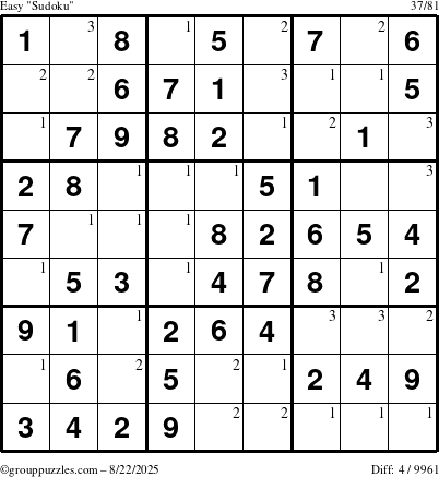 The grouppuzzles.com Easy Sudoku puzzle for Friday August 22, 2025 with the first 3 steps marked