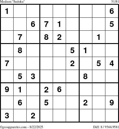 The grouppuzzles.com Medium Sudoku puzzle for Friday August 22, 2025