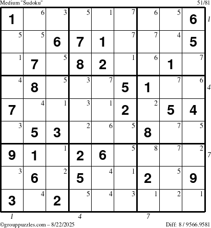 The grouppuzzles.com Medium Sudoku puzzle for Friday August 22, 2025 with all 8 steps marked