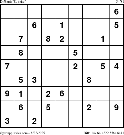 The grouppuzzles.com Difficult Sudoku puzzle for Friday August 22, 2025