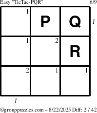 The grouppuzzles.com Easy TicTac-PQR puzzle for Friday August 22, 2025 with all 2 steps marked