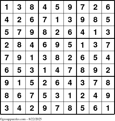 The grouppuzzles.com Answer grid for the Sudoku puzzle for Friday August 22, 2025
