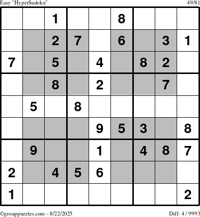 The grouppuzzles.com Easy HyperSudoku puzzle for Friday August 22, 2025