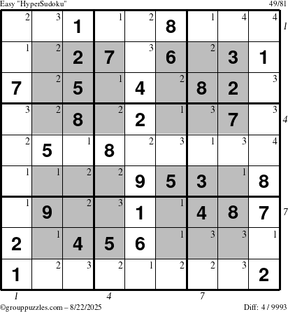 The grouppuzzles.com Easy HyperSudoku puzzle for Friday August 22, 2025, suitable for printing, with all 4 steps marked