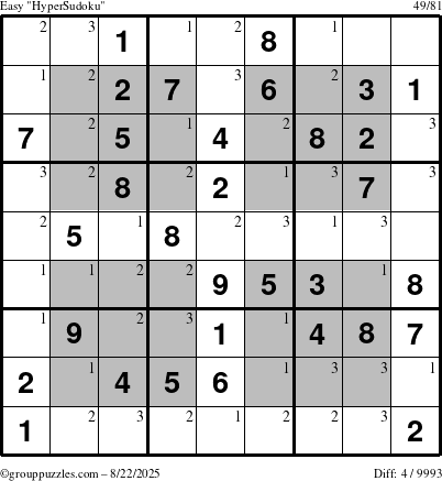 The grouppuzzles.com Easy HyperSudoku puzzle for Friday August 22, 2025 with the first 3 steps marked