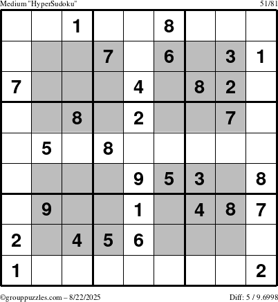 The grouppuzzles.com Medium HyperSudoku puzzle for Friday August 22, 2025