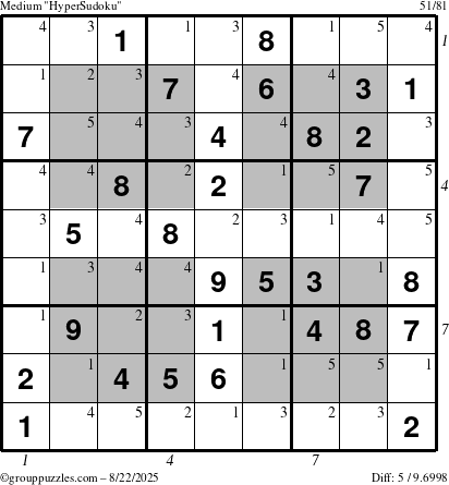 The grouppuzzles.com Medium HyperSudoku puzzle for Friday August 22, 2025 with all 5 steps marked
