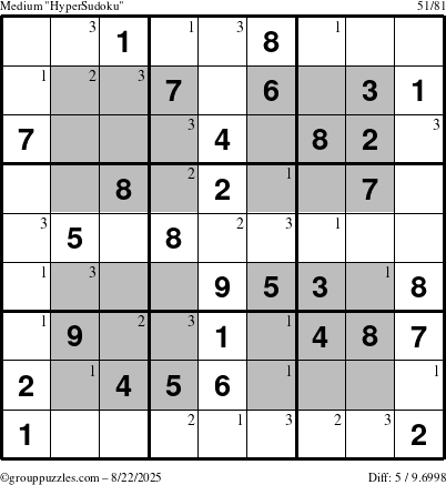 The grouppuzzles.com Medium HyperSudoku puzzle for Friday August 22, 2025 with the first 3 steps marked