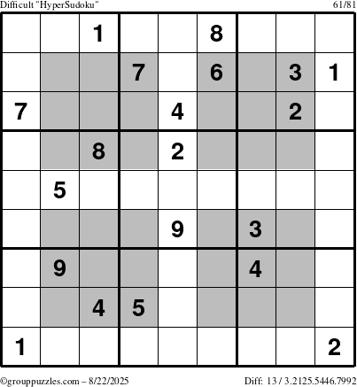 The grouppuzzles.com Difficult HyperSudoku puzzle for Friday August 22, 2025