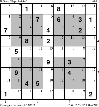 The grouppuzzles.com Difficult HyperSudoku puzzle for Friday August 22, 2025 with all 13 steps marked