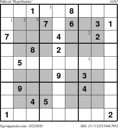 The grouppuzzles.com Difficult HyperSudoku puzzle for Friday August 22, 2025 with the first 3 steps marked