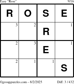 The grouppuzzles.com Easy Rose puzzle for Saturday August 2, 2025 with the first 3 steps marked