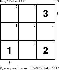 The grouppuzzles.com Easy TicTac-123 puzzle for Saturday August 2, 2025 with all 2 steps marked