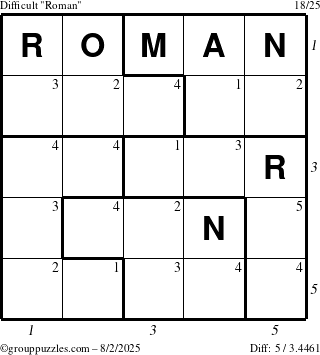 The grouppuzzles.com Difficult Roman puzzle for Saturday August 2, 2025 with all 5 steps marked