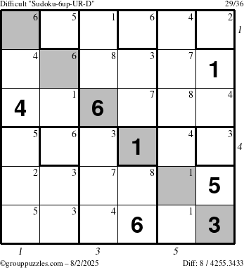 The grouppuzzles.com Difficult Sudoku-6up-UR-D puzzle for Saturday August 2, 2025 with all 8 steps marked