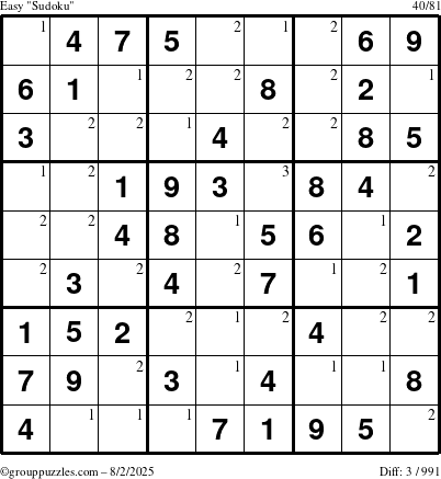 The grouppuzzles.com Easy Sudoku puzzle for Saturday August 2, 2025 with the first 3 steps marked