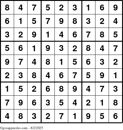 The grouppuzzles.com Answer grid for the Sudoku puzzle for Saturday August 2, 2025