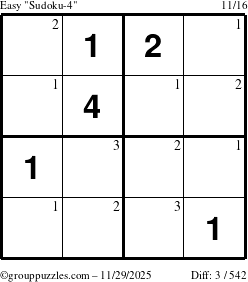 The grouppuzzles.com Easy Sudoku-4 puzzle for Saturday November 29, 2025 with the first 3 steps marked