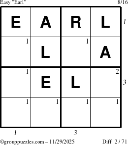 The grouppuzzles.com Easy Earl puzzle for Saturday November 29, 2025, suitable for printing, with all 2 steps marked