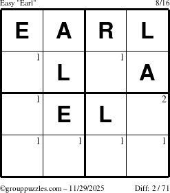 The grouppuzzles.com Easy Earl puzzle for Saturday November 29, 2025 with the first 2 steps marked