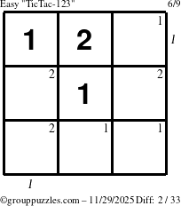 The grouppuzzles.com Easy TicTac-123 puzzle for Saturday November 29, 2025 with all 2 steps marked