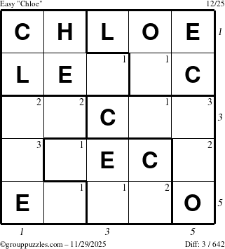 The grouppuzzles.com Easy Chloe puzzle for Saturday November 29, 2025 with all 3 steps marked