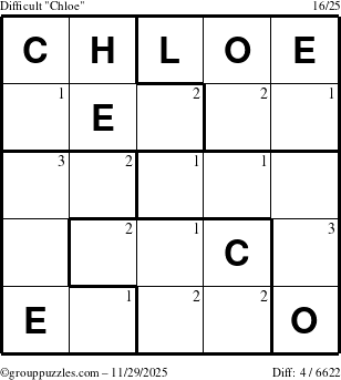 The grouppuzzles.com Difficult Chloe puzzle for Saturday November 29, 2025 with the first 3 steps marked