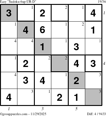 The grouppuzzles.com Easy Sudoku-6up-UR-D puzzle for Saturday November 29, 2025 with all 4 steps marked