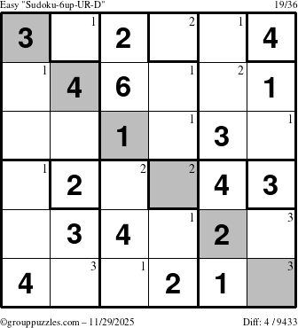 The grouppuzzles.com Easy Sudoku-6up-UR-D puzzle for Saturday November 29, 2025 with the first 3 steps marked