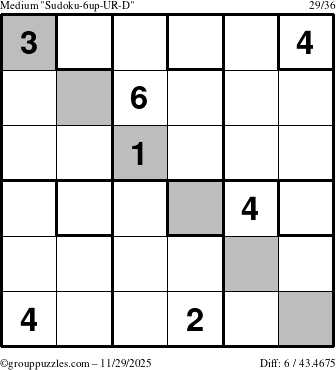 The grouppuzzles.com Medium Sudoku-6up-UR-D puzzle for Saturday November 29, 2025