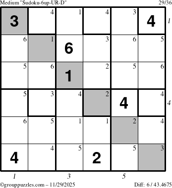 The grouppuzzles.com Medium Sudoku-6up-UR-D puzzle for Saturday November 29, 2025, suitable for printing, with all 6 steps marked