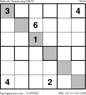 The grouppuzzles.com Difficult Sudoku-6up-UR-D puzzle for Saturday November 29, 2025