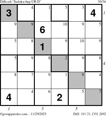 The grouppuzzles.com Difficult Sudoku-6up-UR-D puzzle for Saturday November 29, 2025 with all 10 steps marked