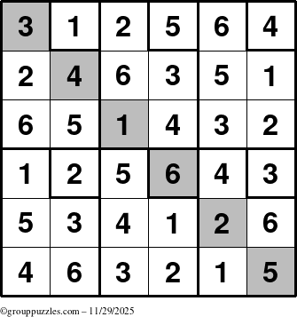 The grouppuzzles.com Answer grid for the Sudoku-6up-UR-D puzzle for Saturday November 29, 2025