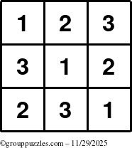 The grouppuzzles.com Answer grid for the TicTac-123 puzzle for Saturday November 29, 2025