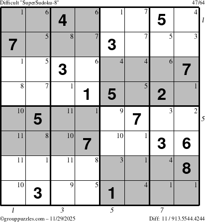 The grouppuzzles.com Difficult SuperSudoku-8 puzzle for Saturday November 29, 2025 with all 11 steps marked