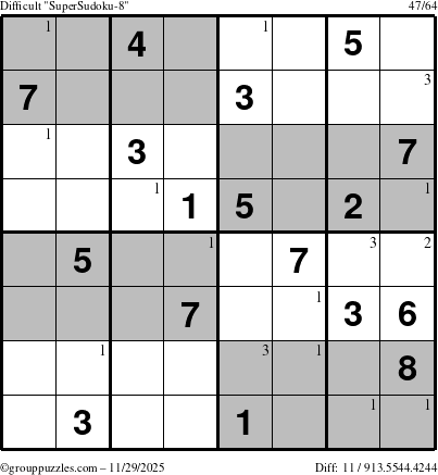 The grouppuzzles.com Difficult SuperSudoku-8 puzzle for Saturday November 29, 2025 with the first 3 steps marked