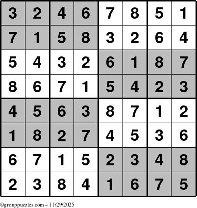 The grouppuzzles.com Answer grid for the SuperSudoku-8 puzzle for Saturday November 29, 2025