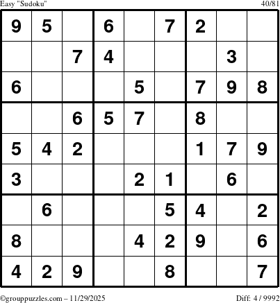 The grouppuzzles.com Easy Sudoku puzzle for Saturday November 29, 2025
