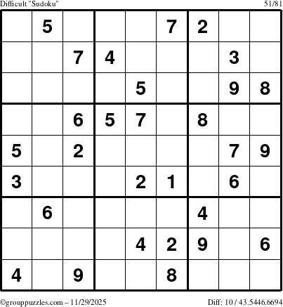 The grouppuzzles.com Difficult Sudoku puzzle for Saturday November 29, 2025