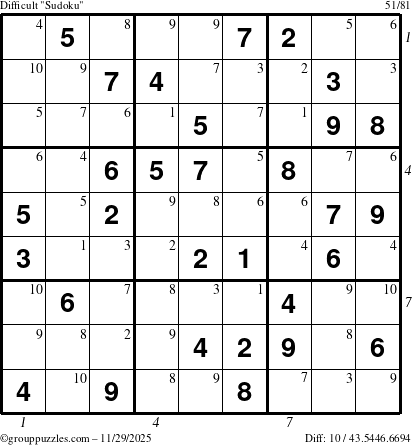 The grouppuzzles.com Difficult Sudoku puzzle for Saturday November 29, 2025 with all 10 steps marked