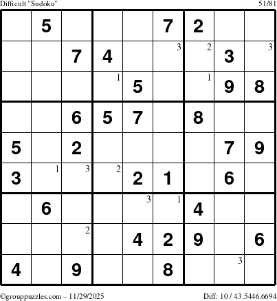 The grouppuzzles.com Difficult Sudoku puzzle for Saturday November 29, 2025 with the first 3 steps marked