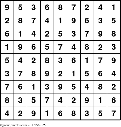 The grouppuzzles.com Answer grid for the Sudoku puzzle for Saturday November 29, 2025